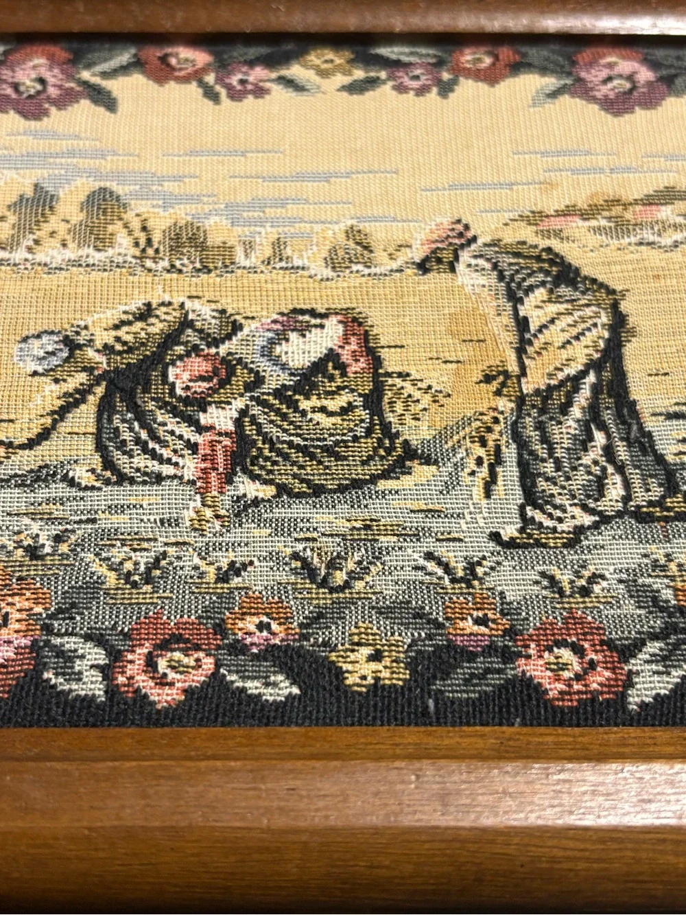 Vintage Wooden Jewelry Box Tapestry Pastoral Ladies Mirror Yellow Velvet Inter.
